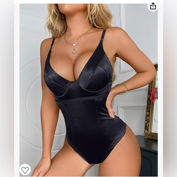 Women's Satin Deep V Neck Sleeveless BodysuitSnap Crotch Thong LeotardUnderwire - Picture 3 of 7